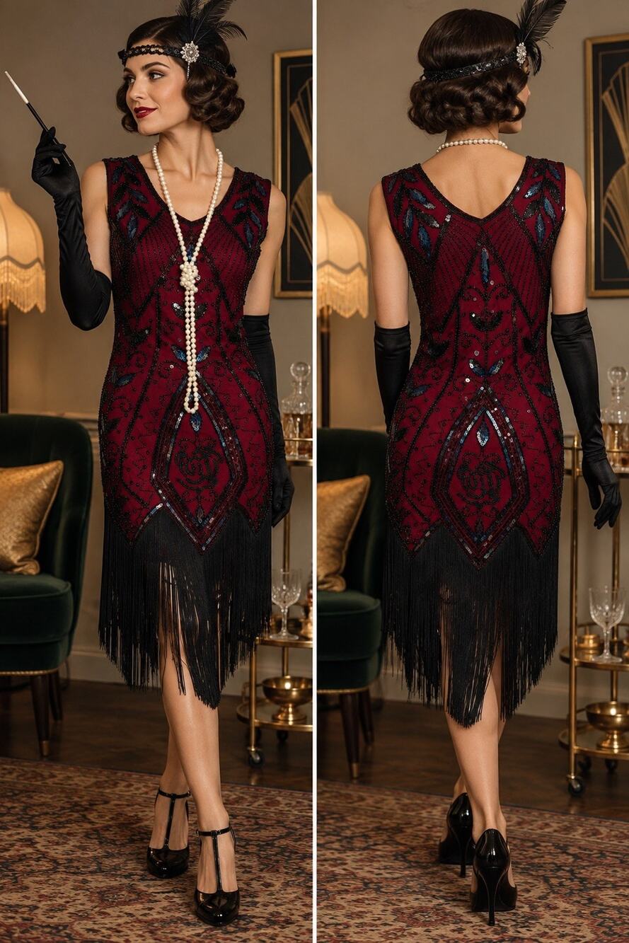 Red Black Sequin Fringe Gatsby Roaring 20’s costume with Accessories XS EUC